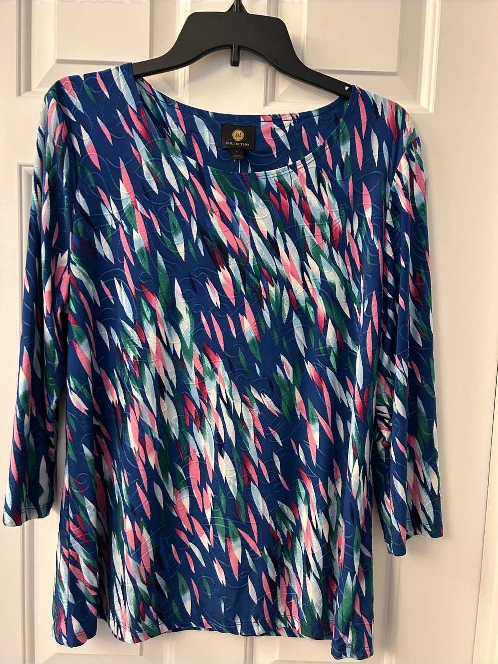 JM Collection Navy Multicolor Leaf-Print Long Sleeve Top